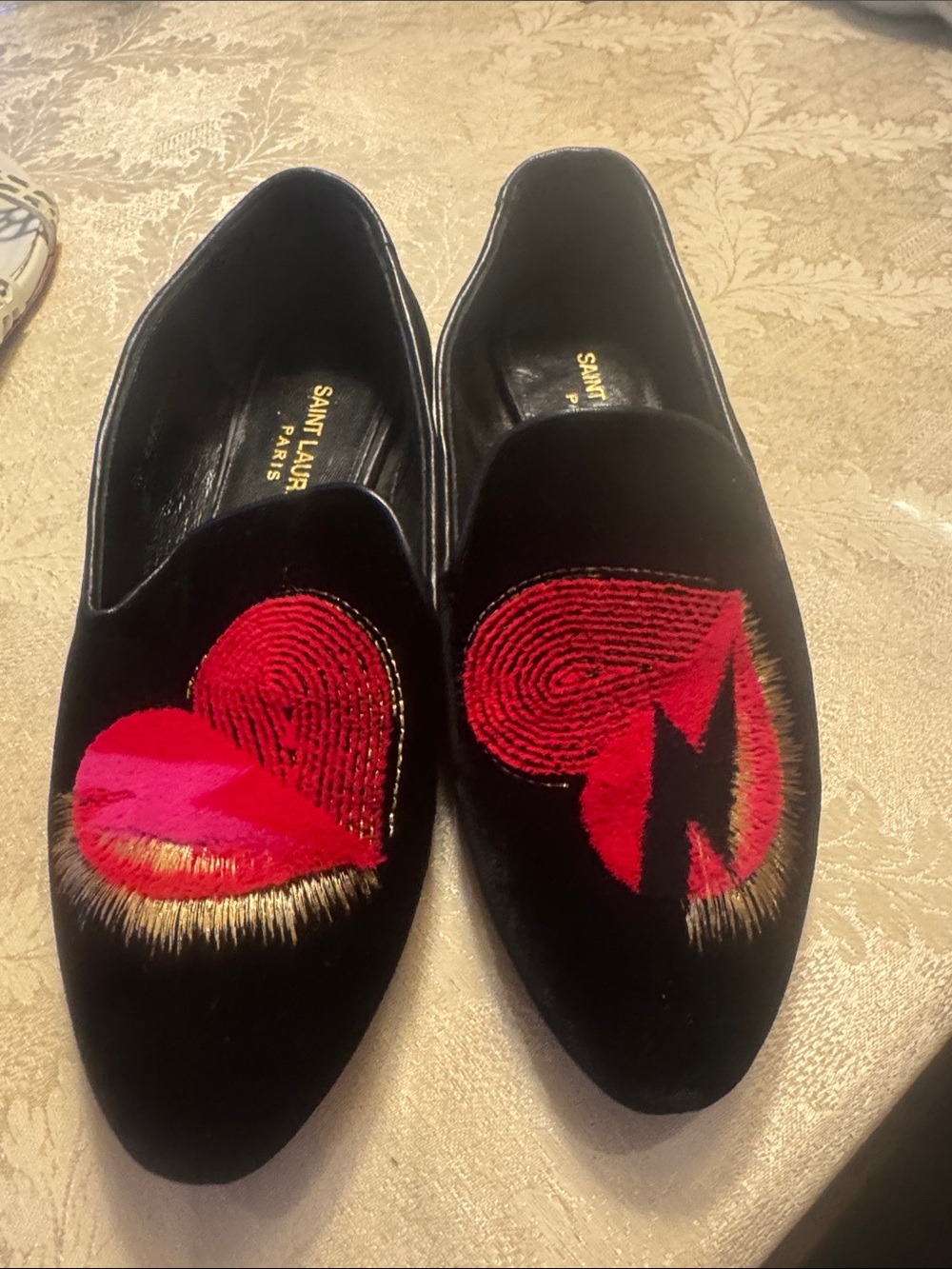 Auth Saint Laurent Black Velvet Heart "Smoking" Loafers Flats Size 37 + COA